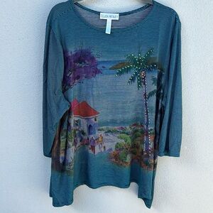 Ellen Negley Art & Sol Tunic Tropical Beach Scene Plus Size 2XL
